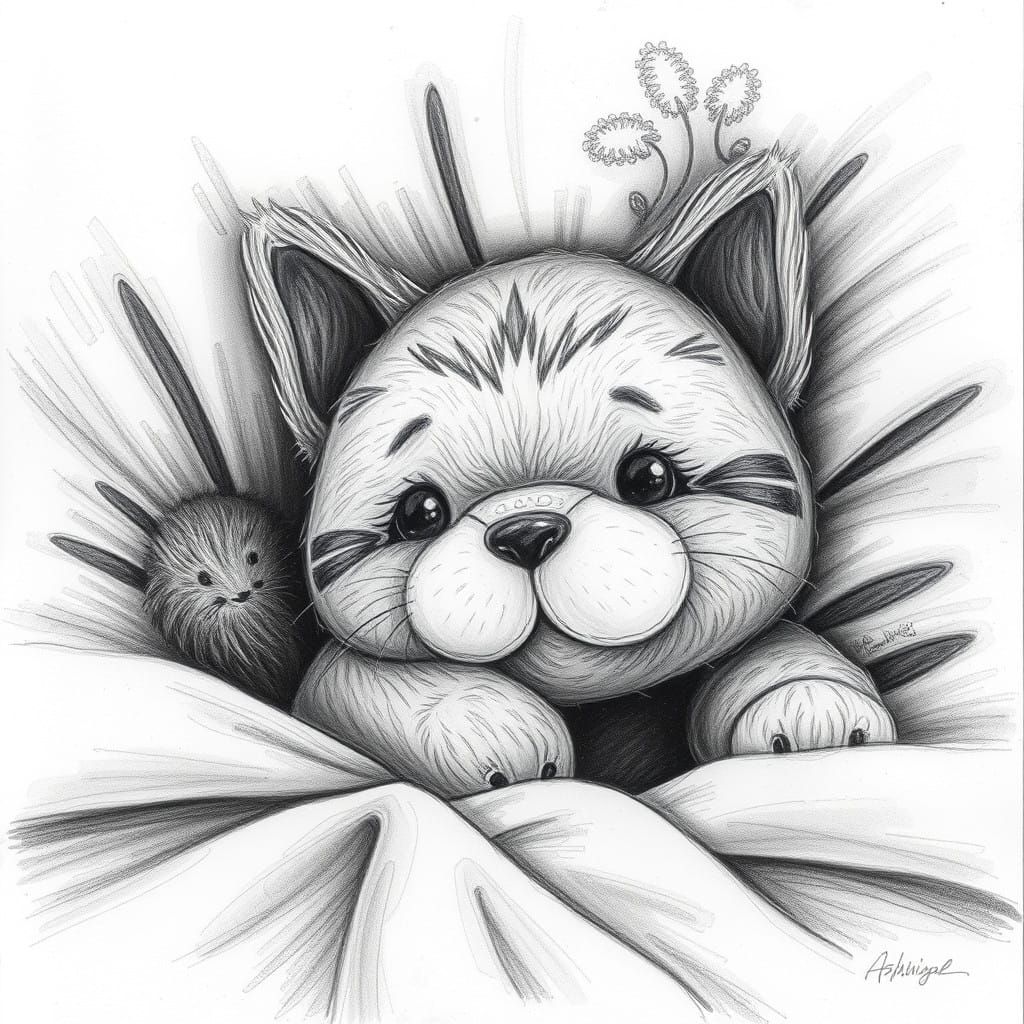 Whimsical Charcoal Cat Cuddles on a Bed