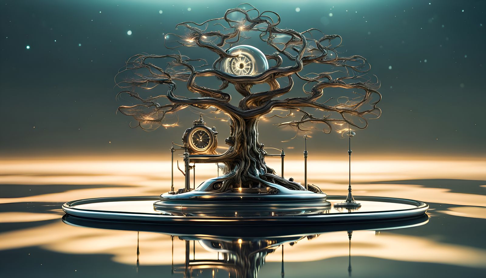 Clockwork Tree Reflected on Glassy Lake in Steampunk Style
