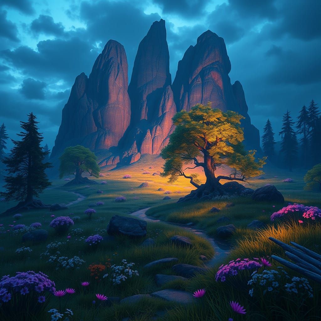 Ethereal Fantasy Landscape in Deep Twilight Colors