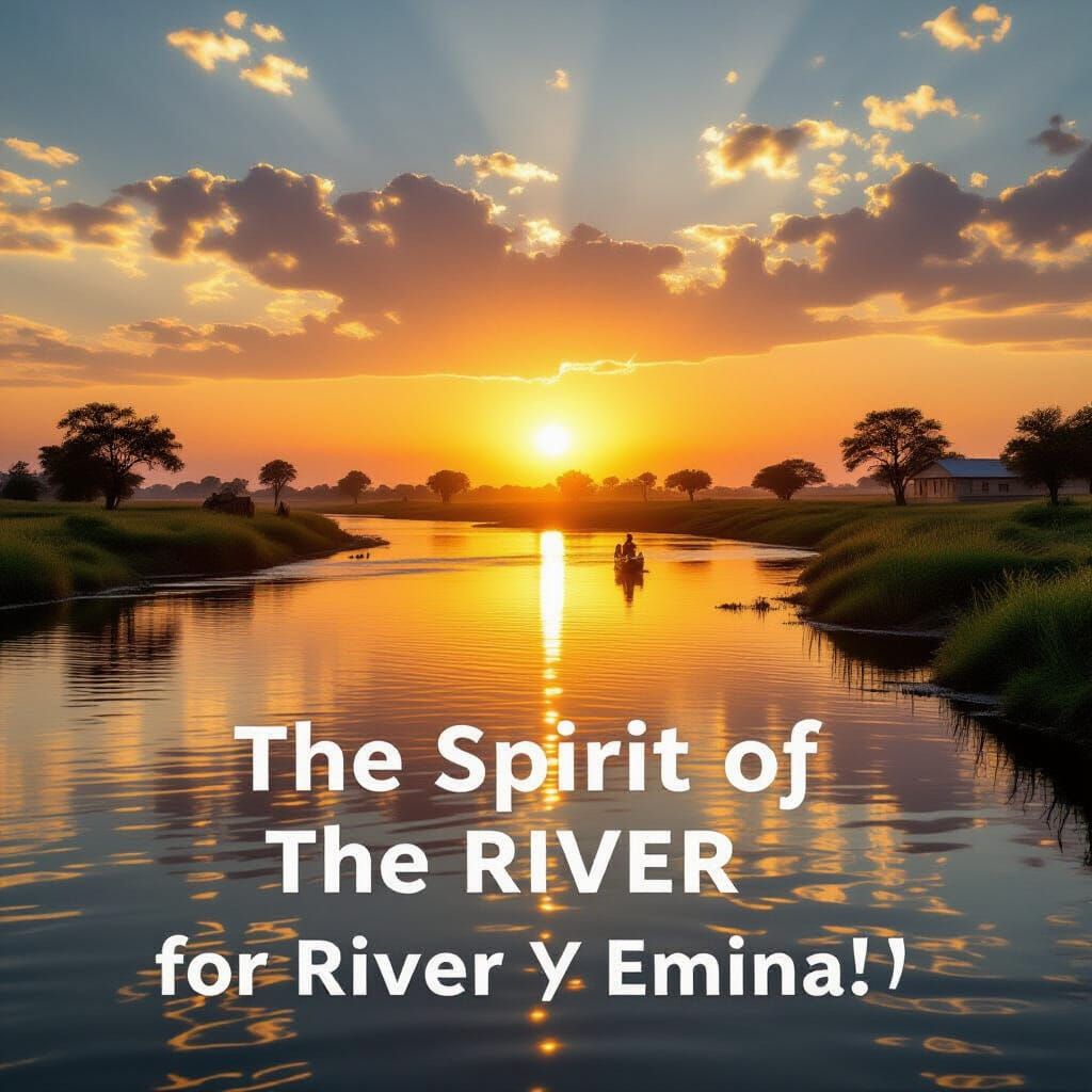 African River Sunset with Village, Cinematic Style