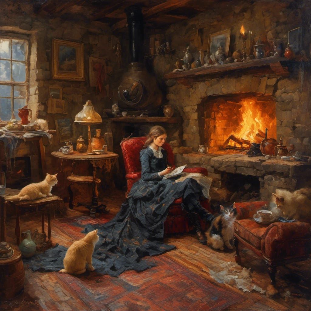 Girl with Coffee and Cat, Hyperreal Oil Painting