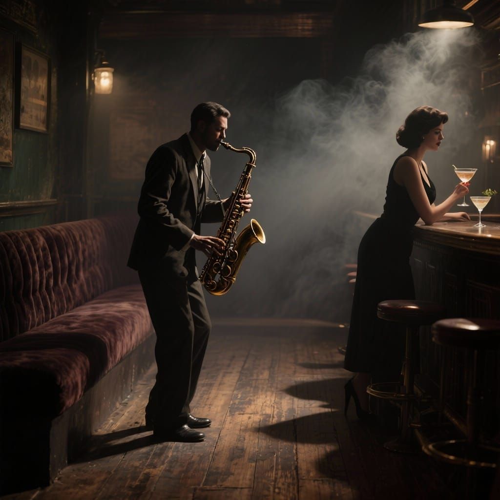 Jazz Musician Plays Saxophone in Smoky Speakeasy with Chiaro...