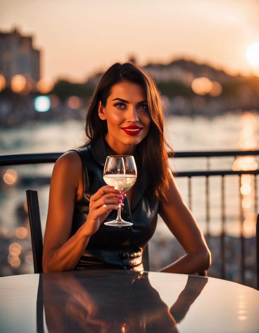 Italian Woman at Beach Cafe in Golden Hour