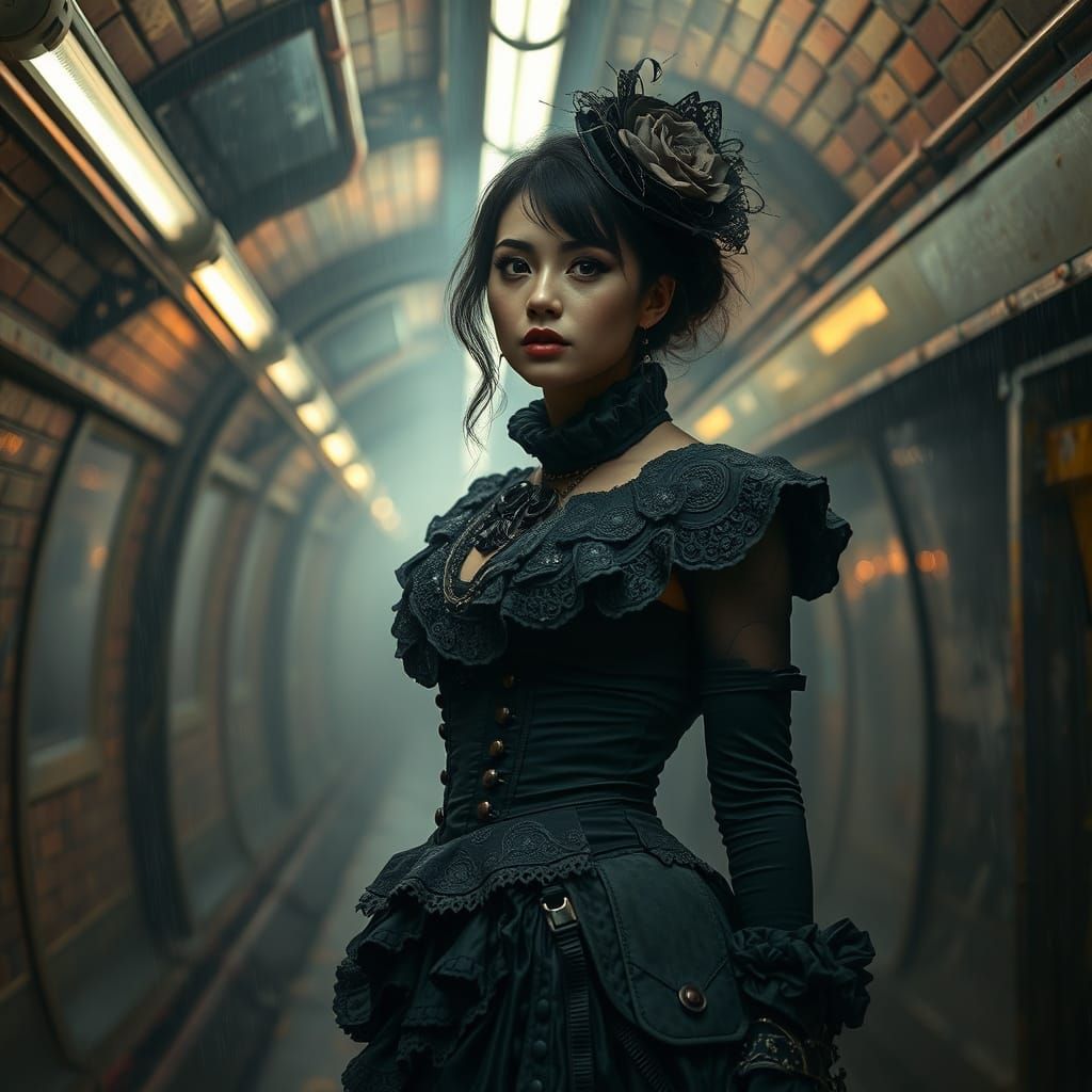 Mysterious Woman Amidst London's Gritty Metro