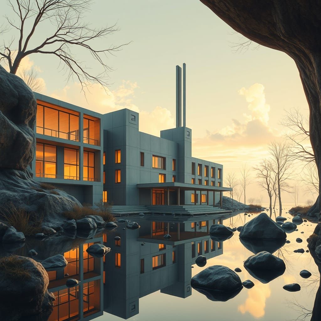 Brutalist School with Golden Reflections in Retro-Futuristic...