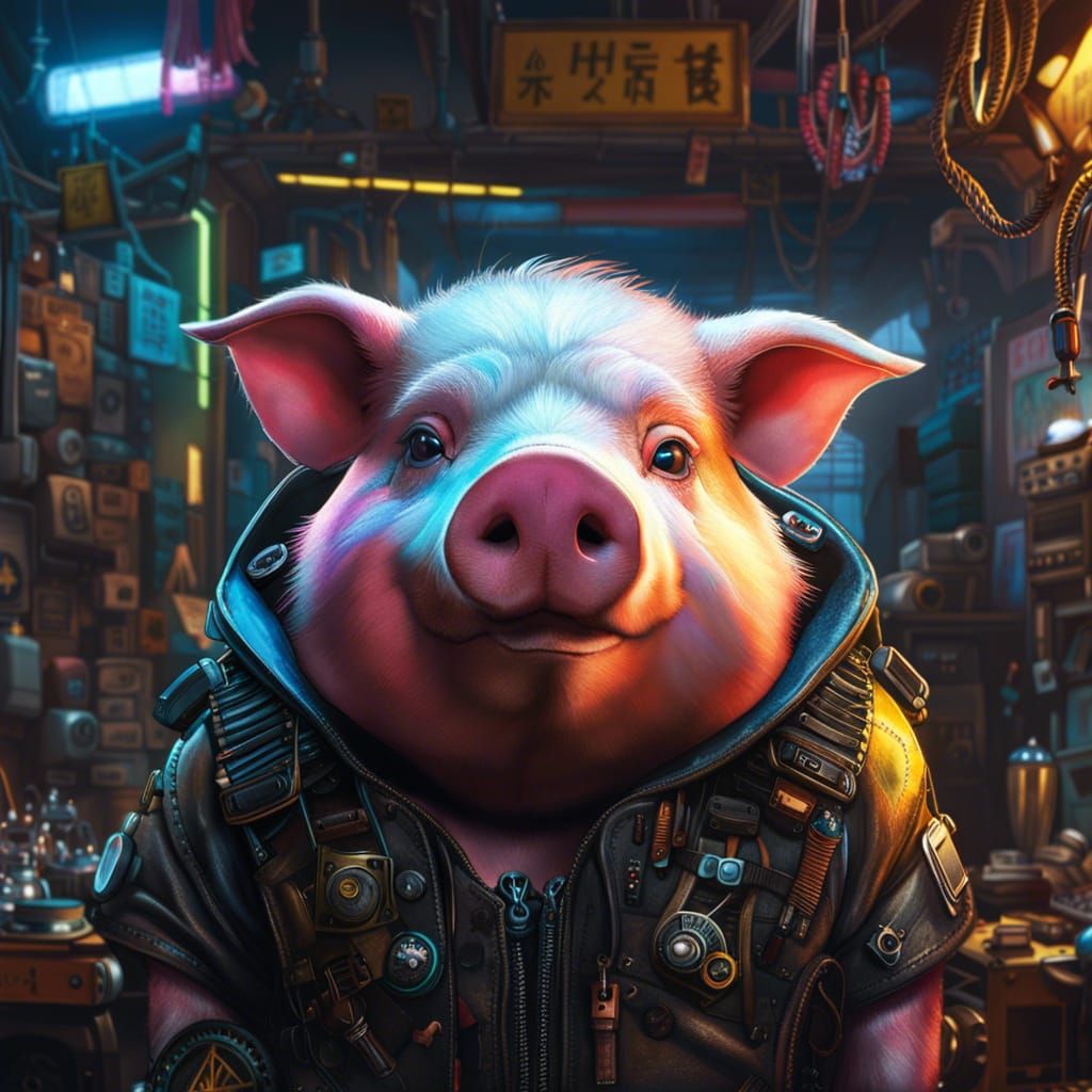 Cyberpunk Pig Portrait in Living Space