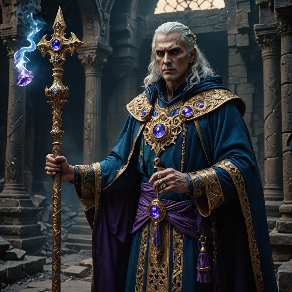 Undead Sorcerer Amidst Mystical Ruins in Dark Fantasy Style