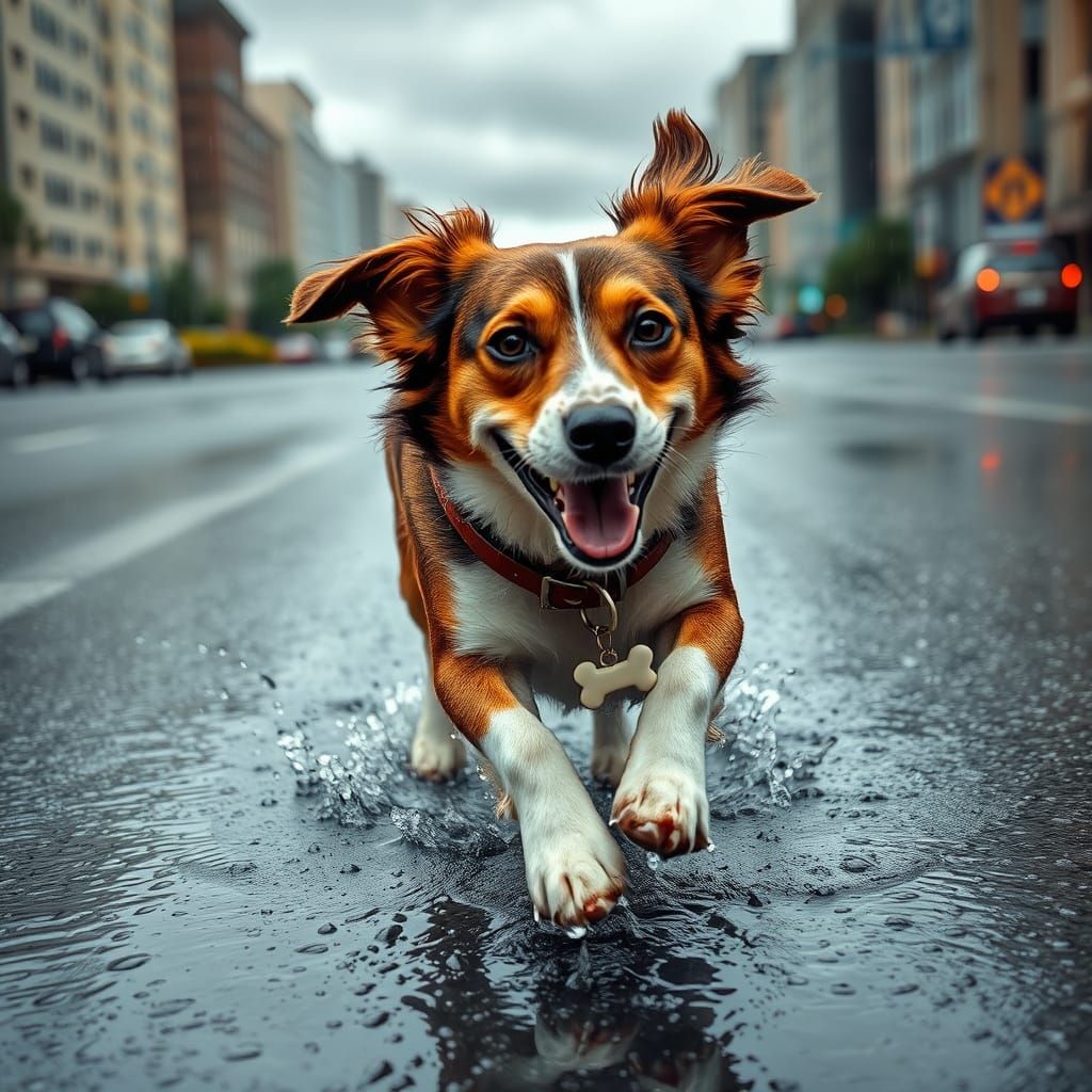 Joyful Mixed Breed Dog Playing in Rainy City Street