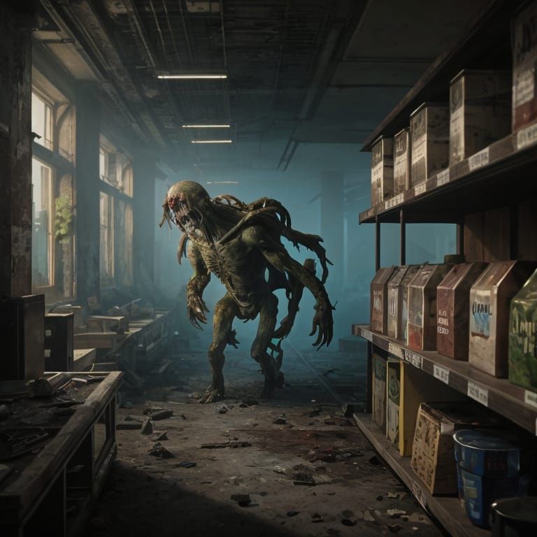 Fungal Zombie in Abandoned Supermarket: Hyper-Realistic