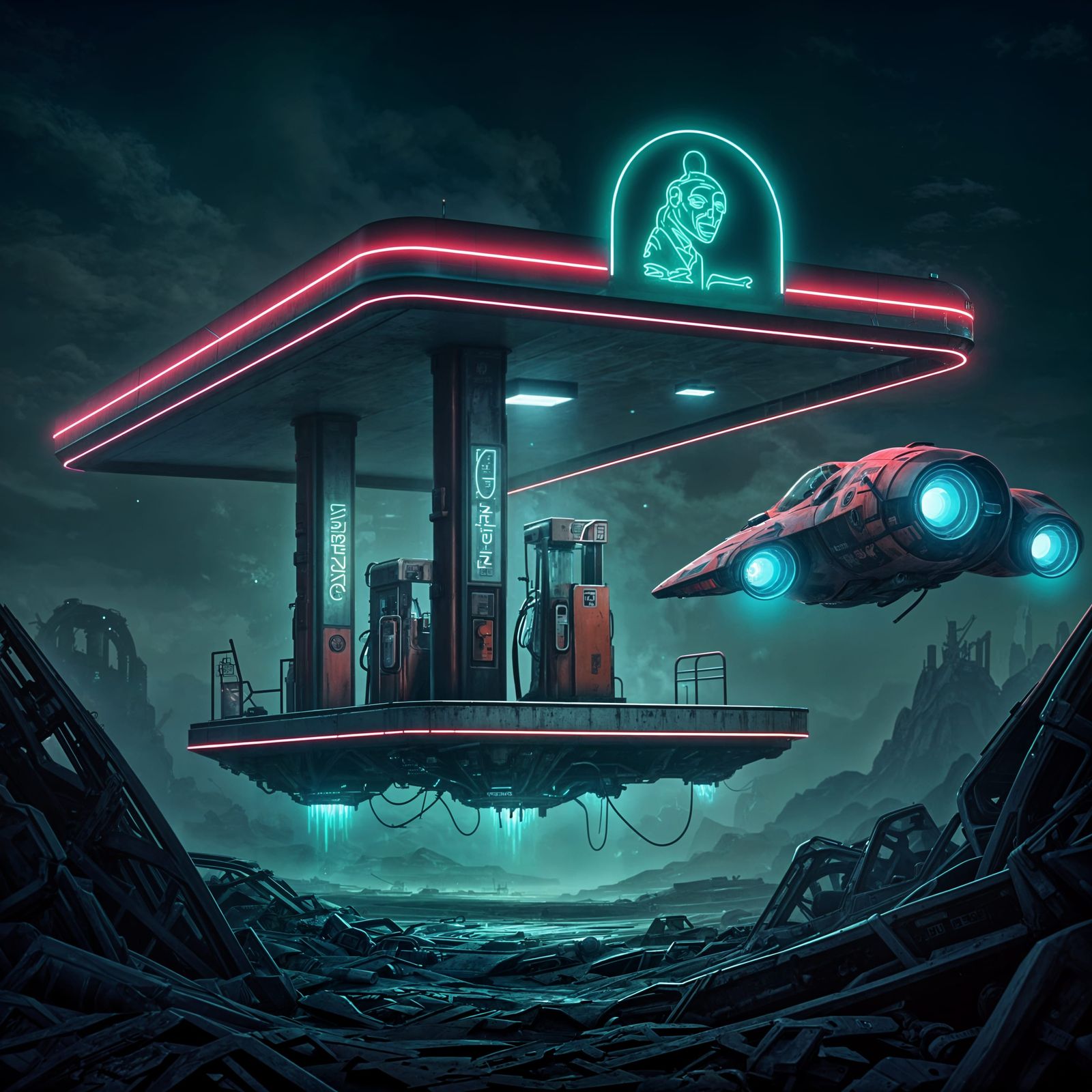 Floating Alien Gas Station with Spaceship in Sci-Fi Style