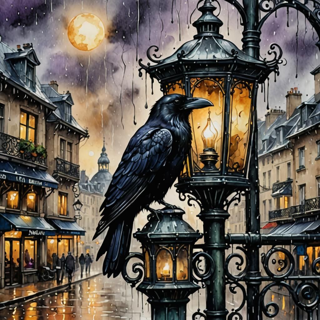 Art Nouveau Raven in Rainy Paris with Lantern