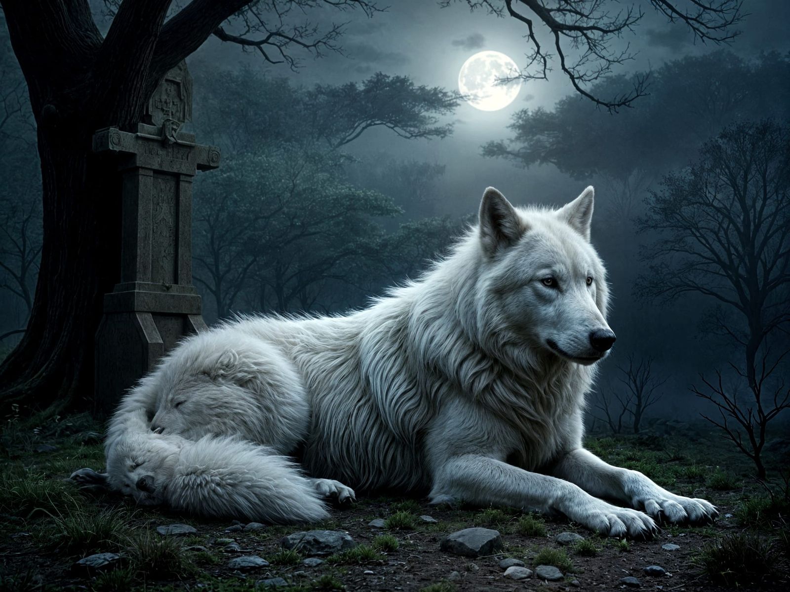 White Wolf Lying Near Grave in Dark Forest