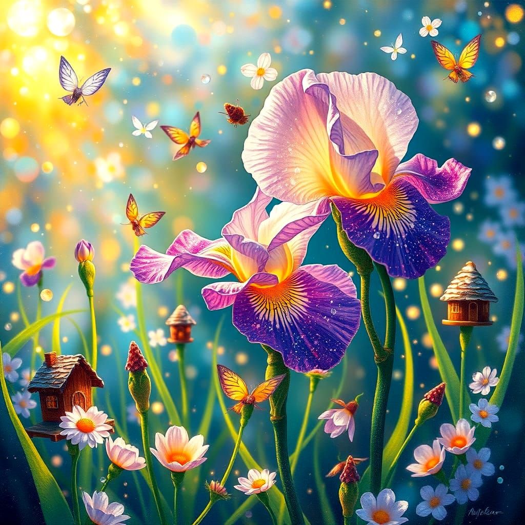 Whimsical Fantasy Garden with Quantum Iris Flowers