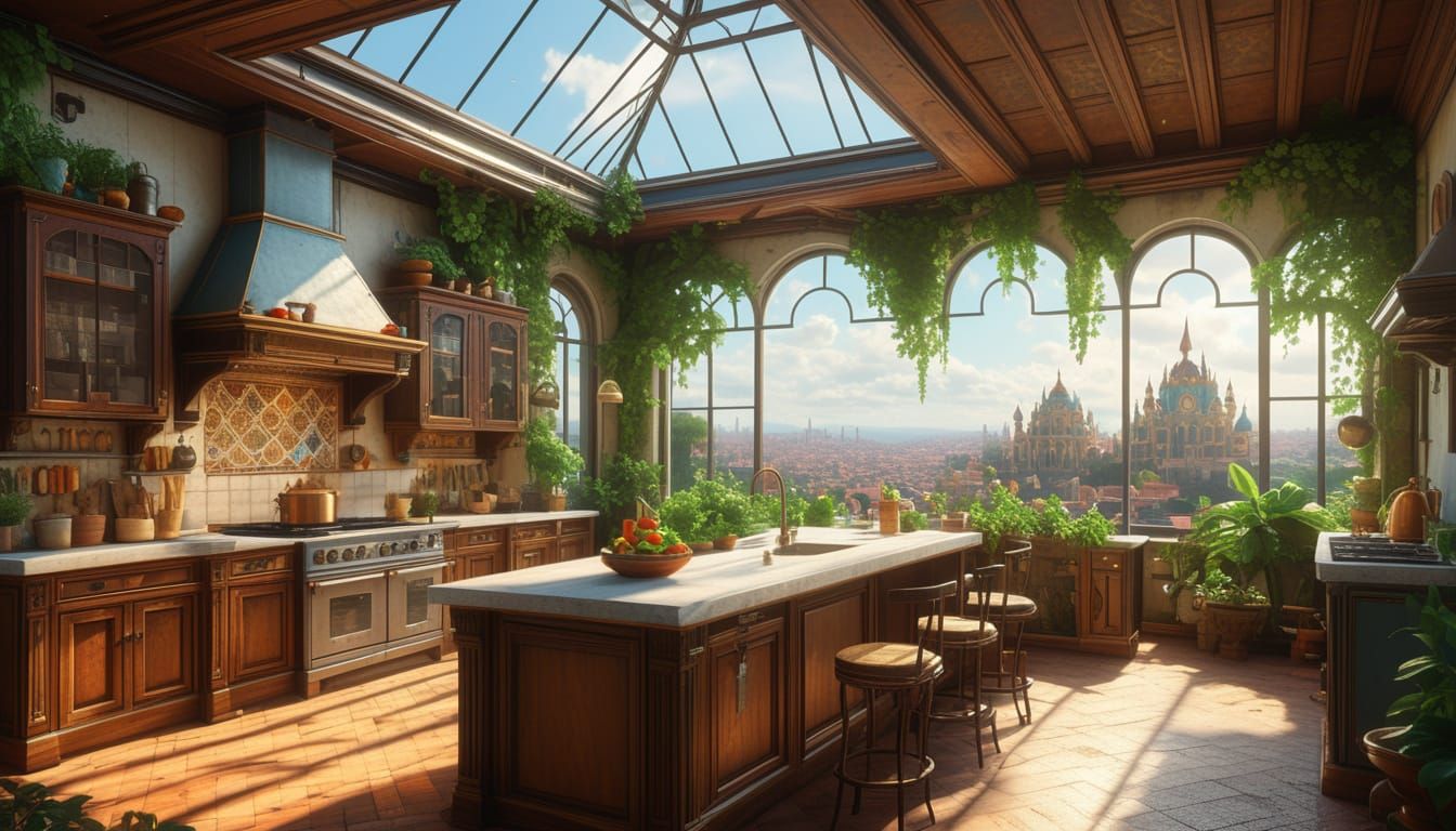 Surreal Solarpunk Kitchen Scene