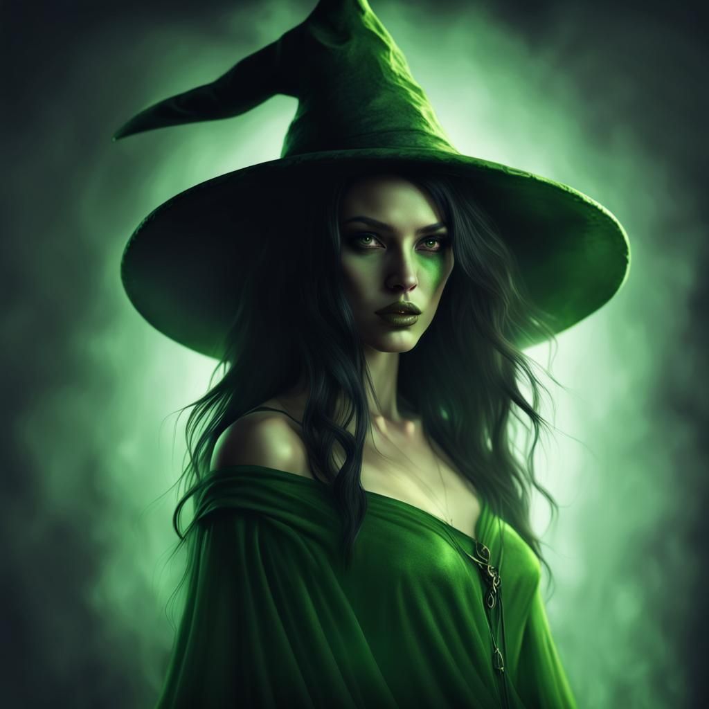 Green-Skinned Brunette Witch in Shadows