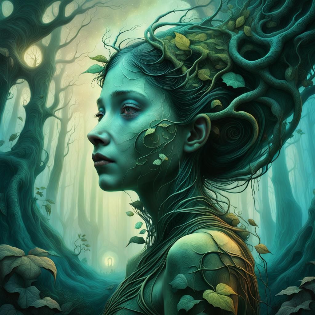 Mystical Forest Woman Embracing Transformation