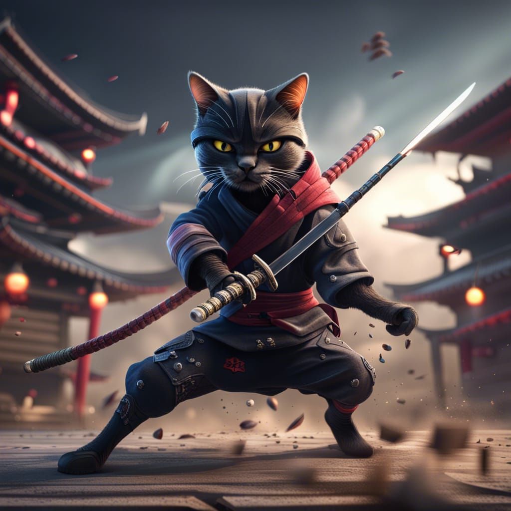 Ninja Cat Training: Hyperrealistic Anime Concept Art