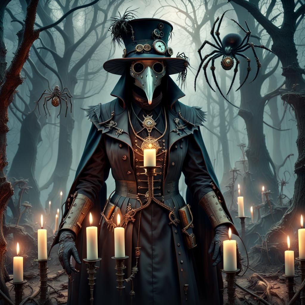 Steampunk Plague Doctor in Eerie Forest: 3D Render