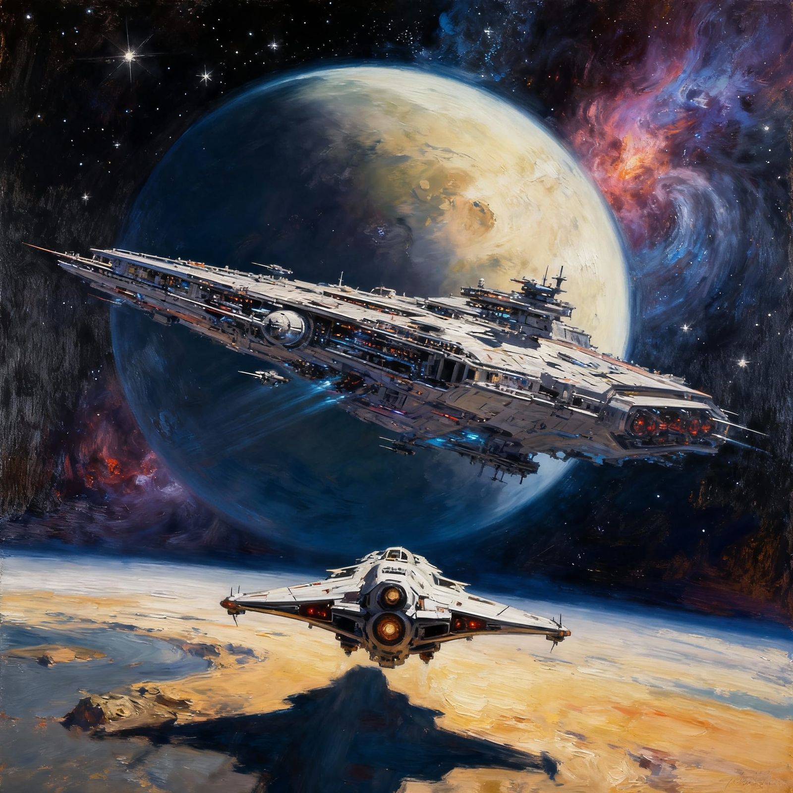 Futuristic Spacecraft Approaches Alien Battleship in Nebula