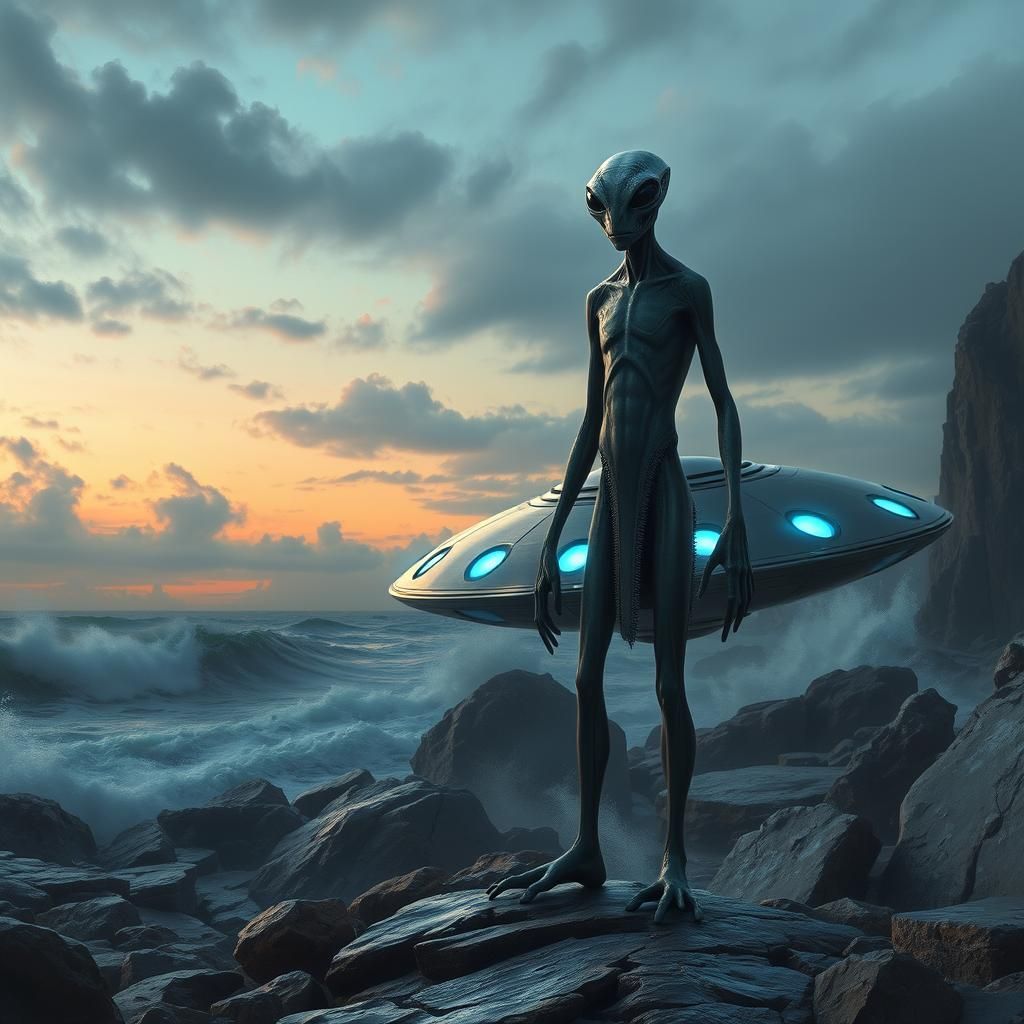 Alien and UFO on Rocky Shore at Dusk