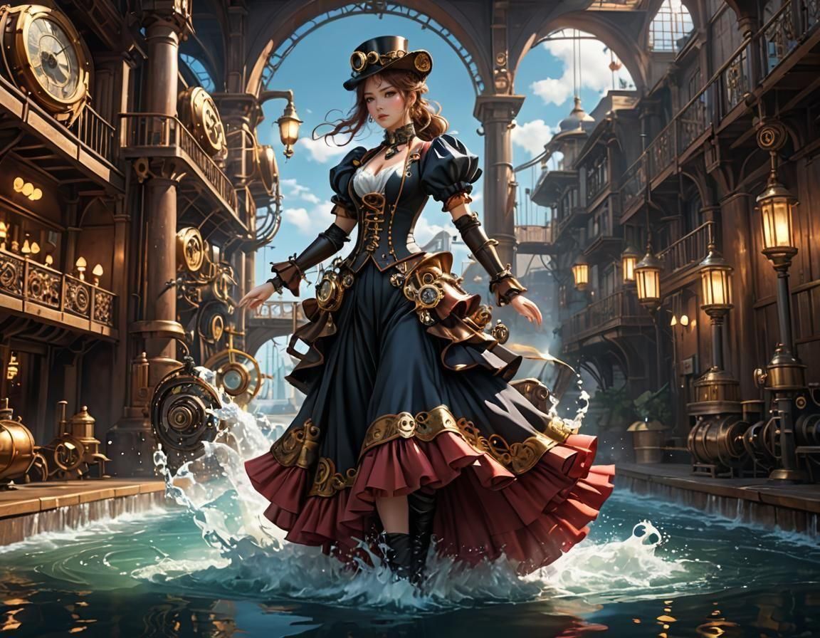 Steampunk Water Flamenco in 3D Anime Style