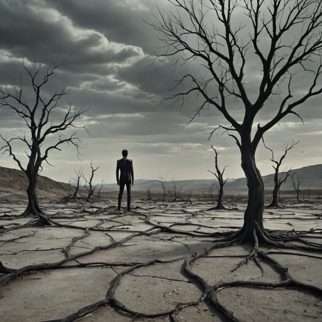 Surrealism in Dark Avant-Garde Landscape with Melting Clock