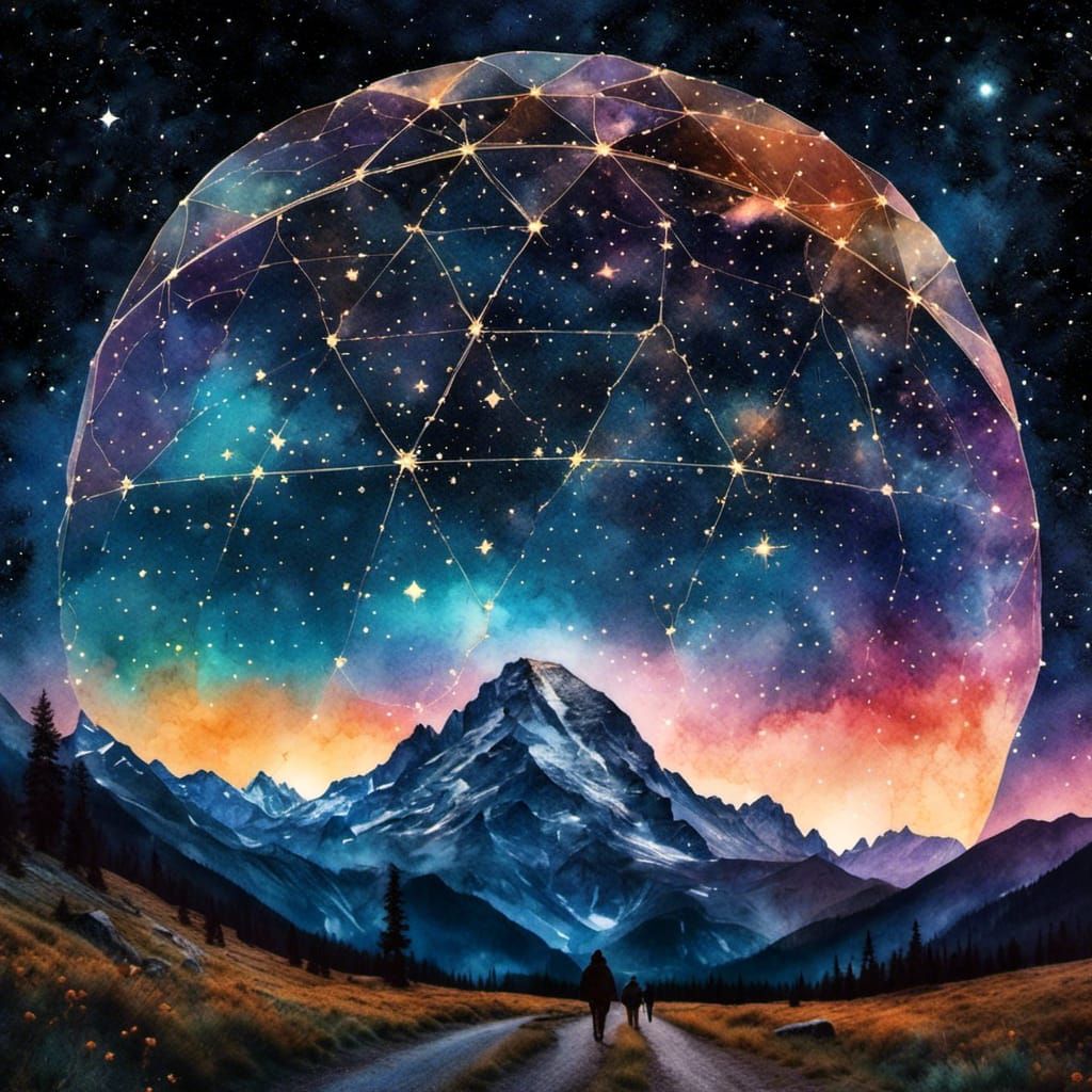 Geodesic Dome on Celestial Map in Watercolor Style