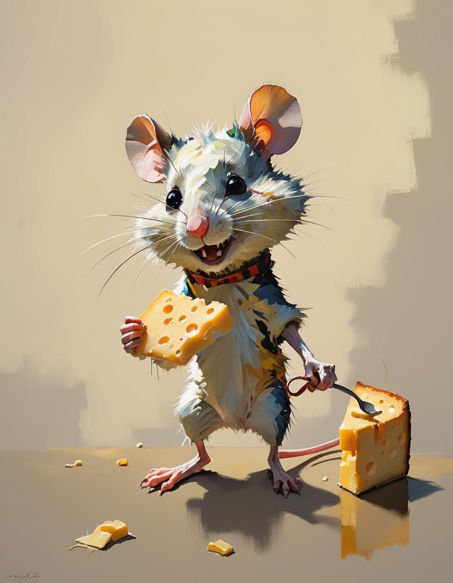 Fuzzy Mouse and Cheese in Expressionist Style