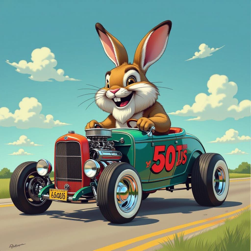 Laughing Bunny Drives Hot Rod in Graffiti Art