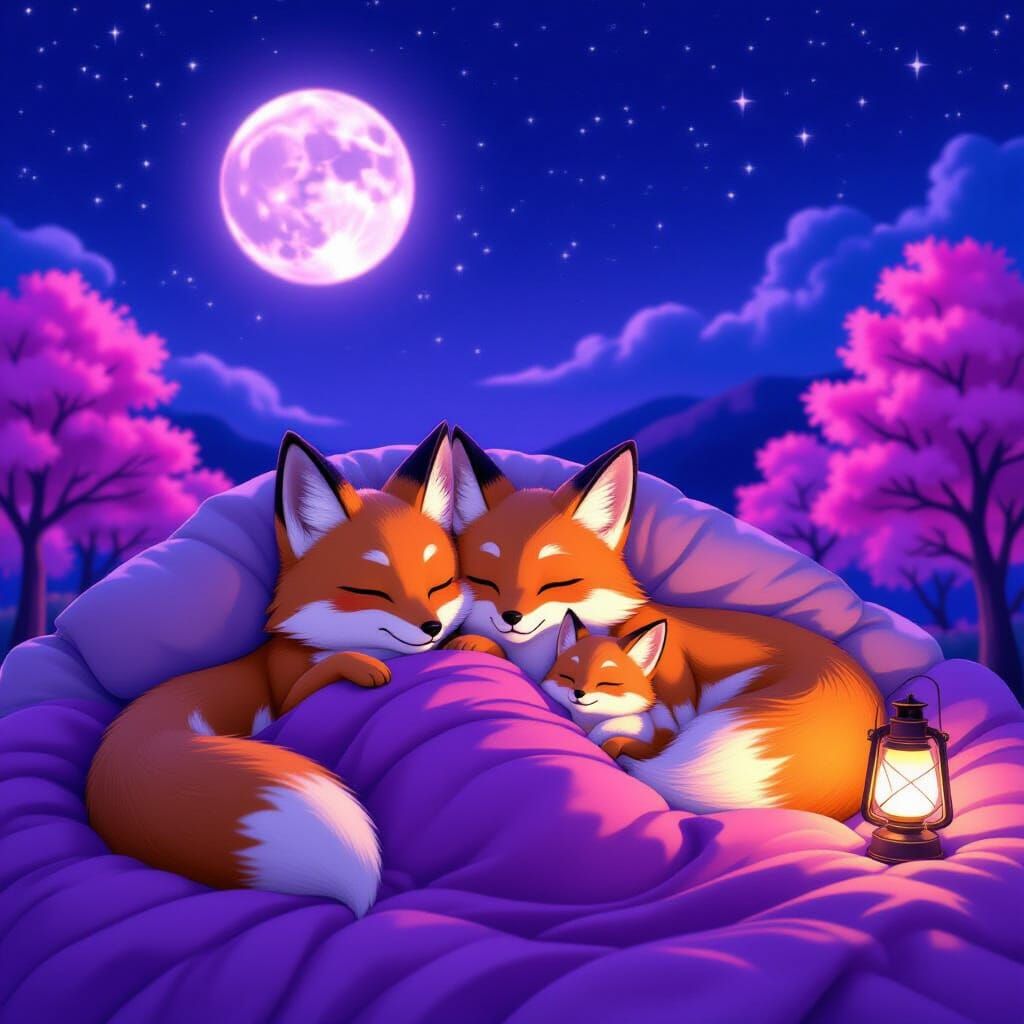Kitsune Family Sleeping Under Moonlit Sky