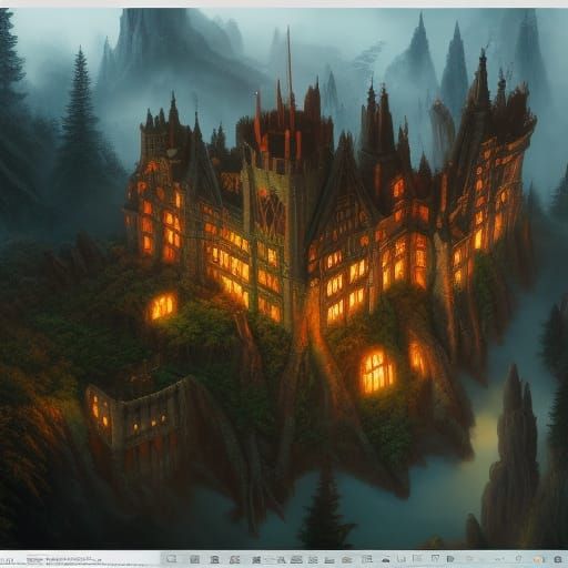 Demonic Castle in Eldritch Forest: Detailed Matte Painting