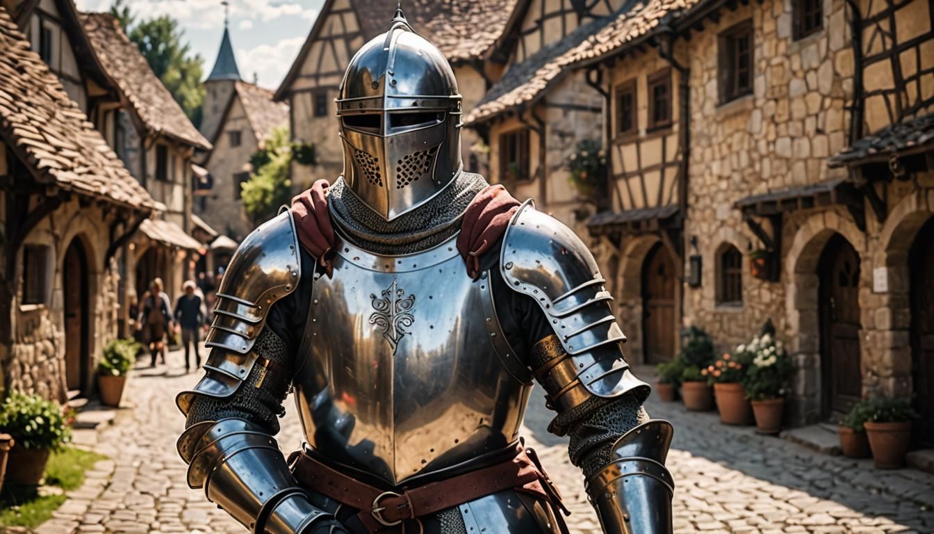 Knight in Shining Armor in Medieval Village