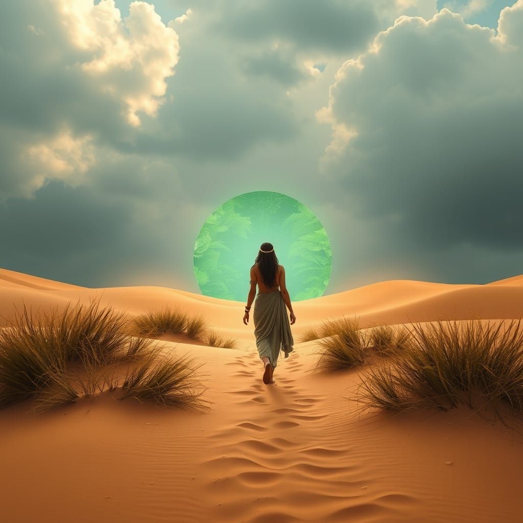 Cleopatra Walks Desert Dunes Towards Rainforest Portal