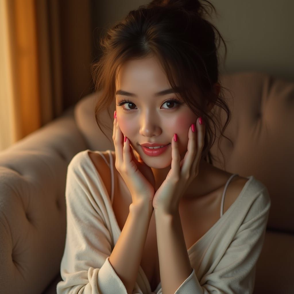 Stunning Young Woman in Cozy Living Room