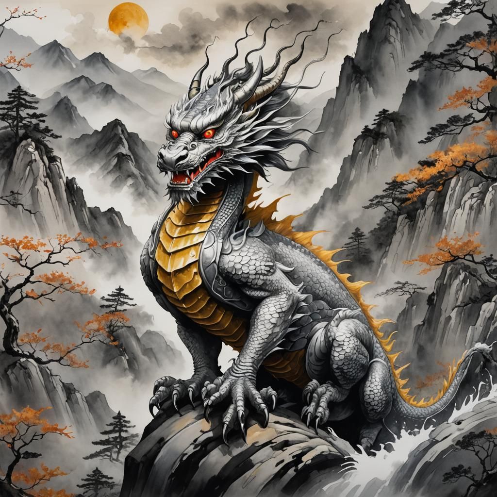 Silver Dragon in Sumi-e Style Landscape