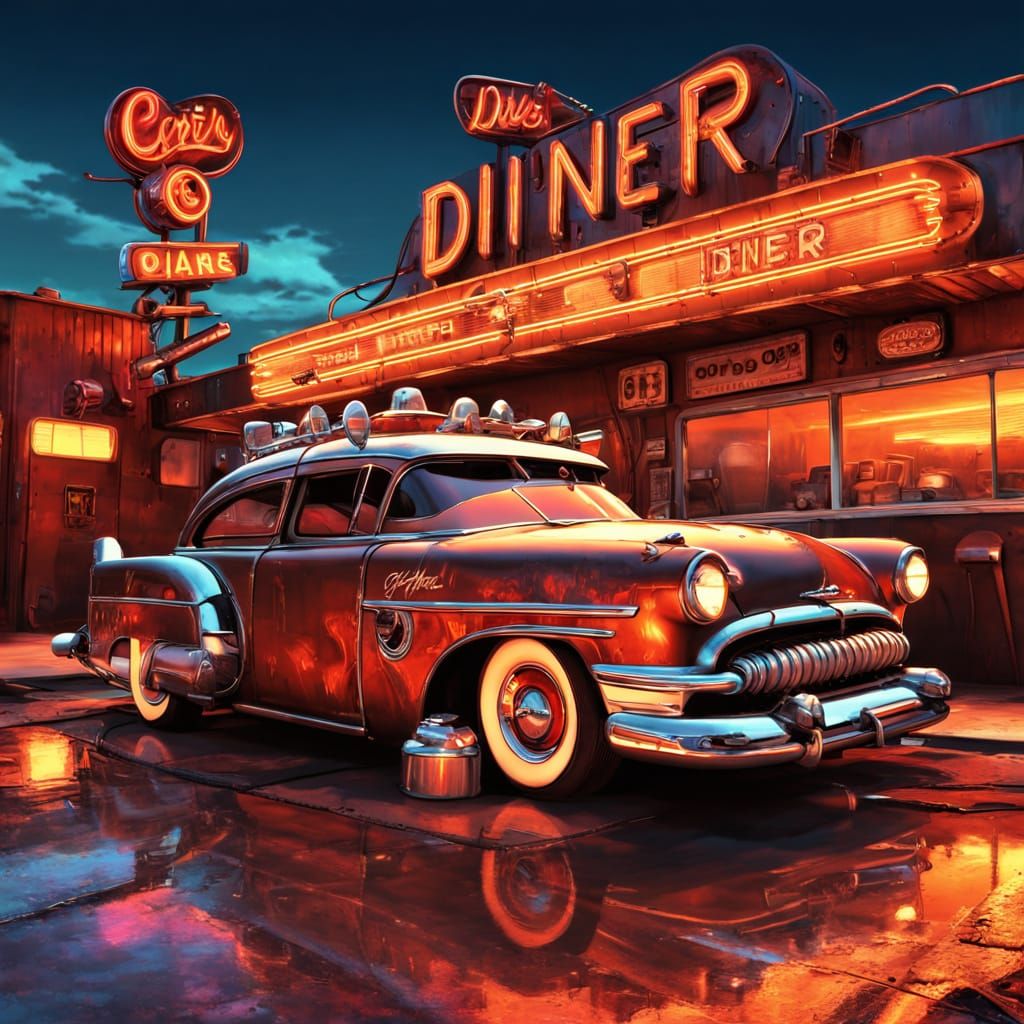 Rat Rod Cats Outside Cyberpunk Diner