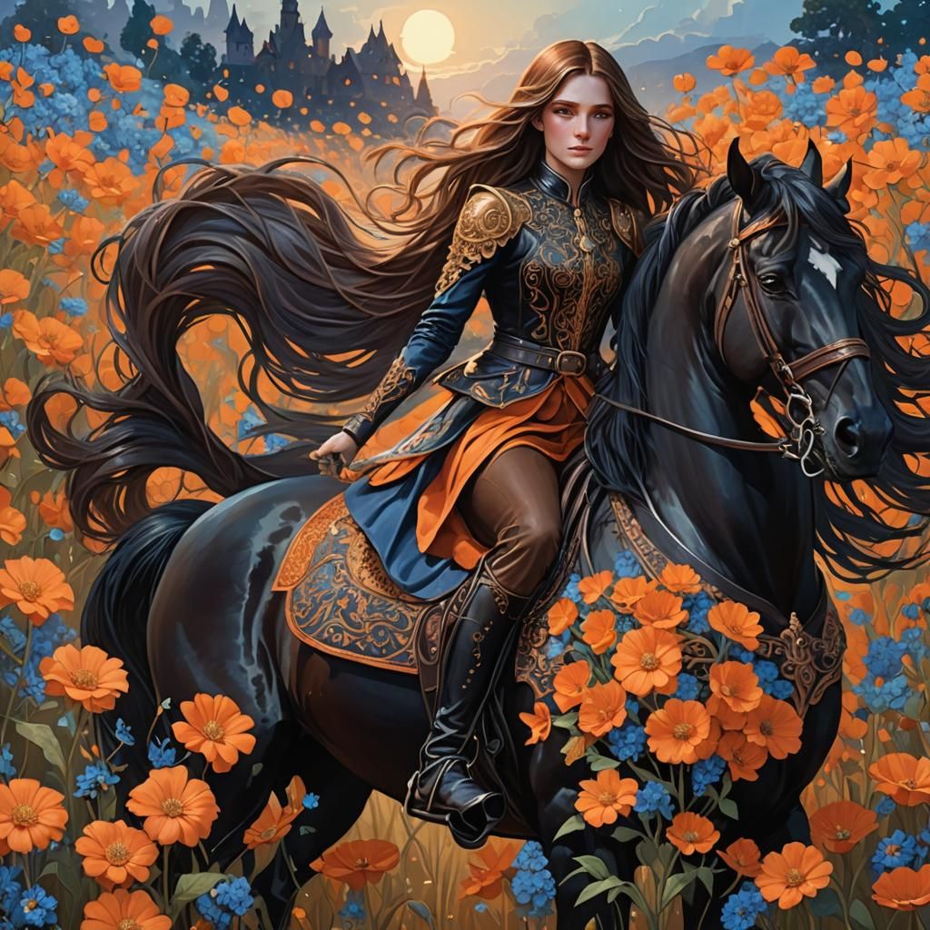 Girl on Horseback in Flower Field, Art Nouveau Style