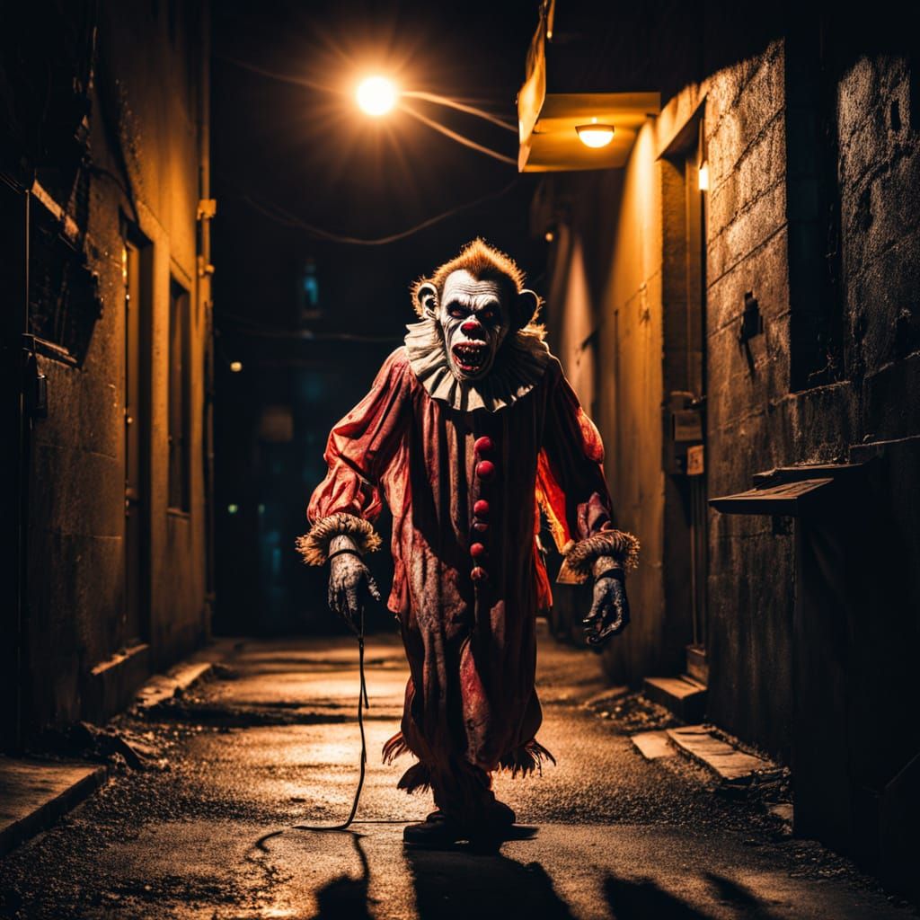 Glowing Zombie Clown Emerges from Dark Alleyway