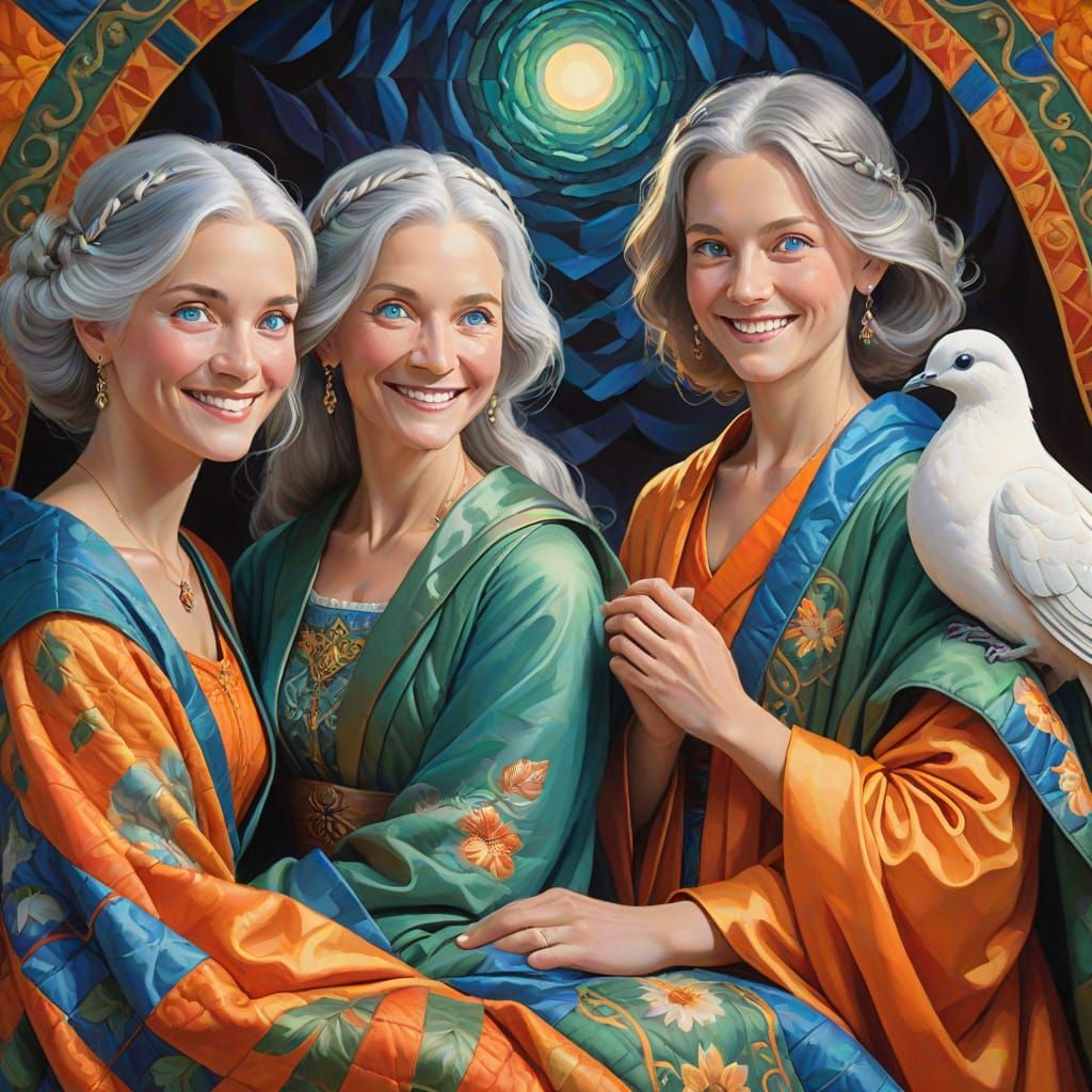 Vibrant Oil Painting of Smiling Woman with Princesses and Do...