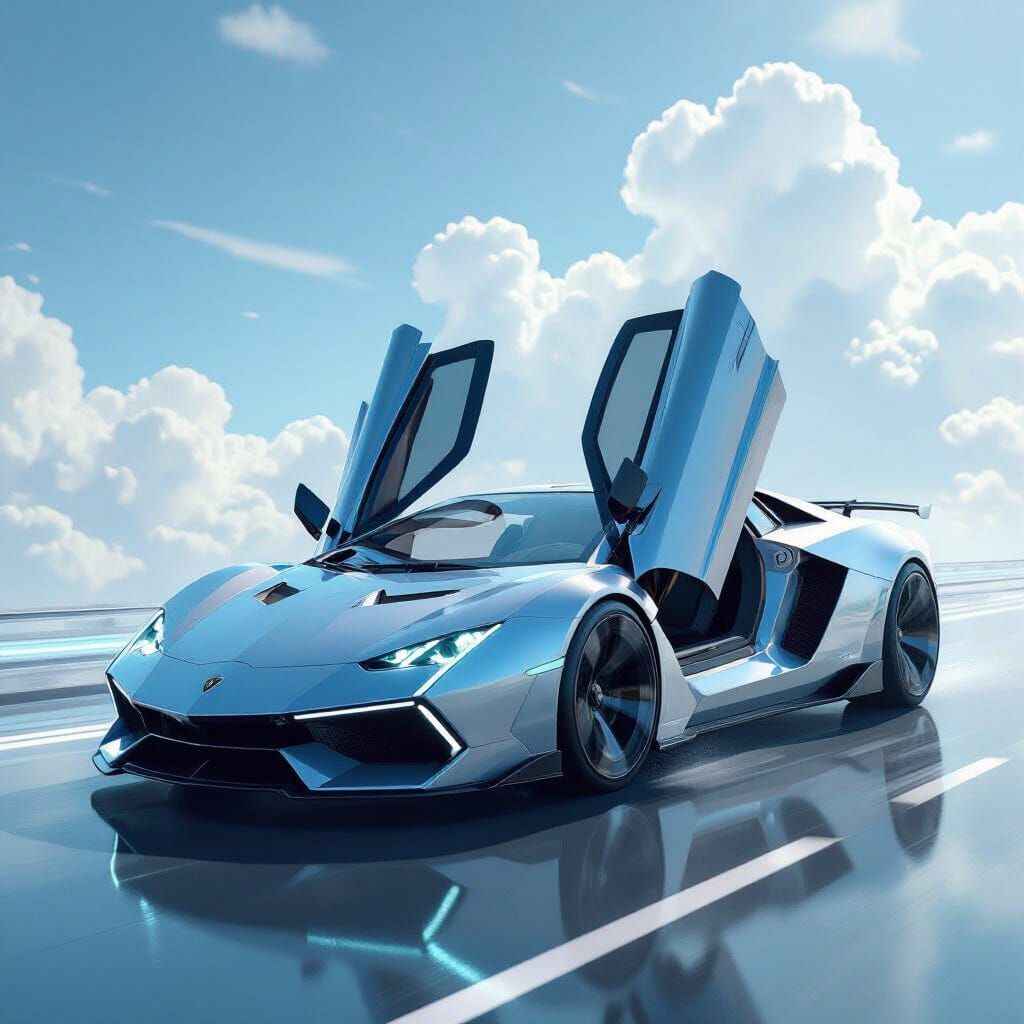 Futuristic Flying Lamborghini in Neon-Lit Sky