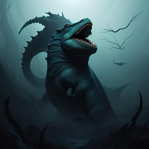 Man Confronts Sea Monster in Dreamlike Abyss