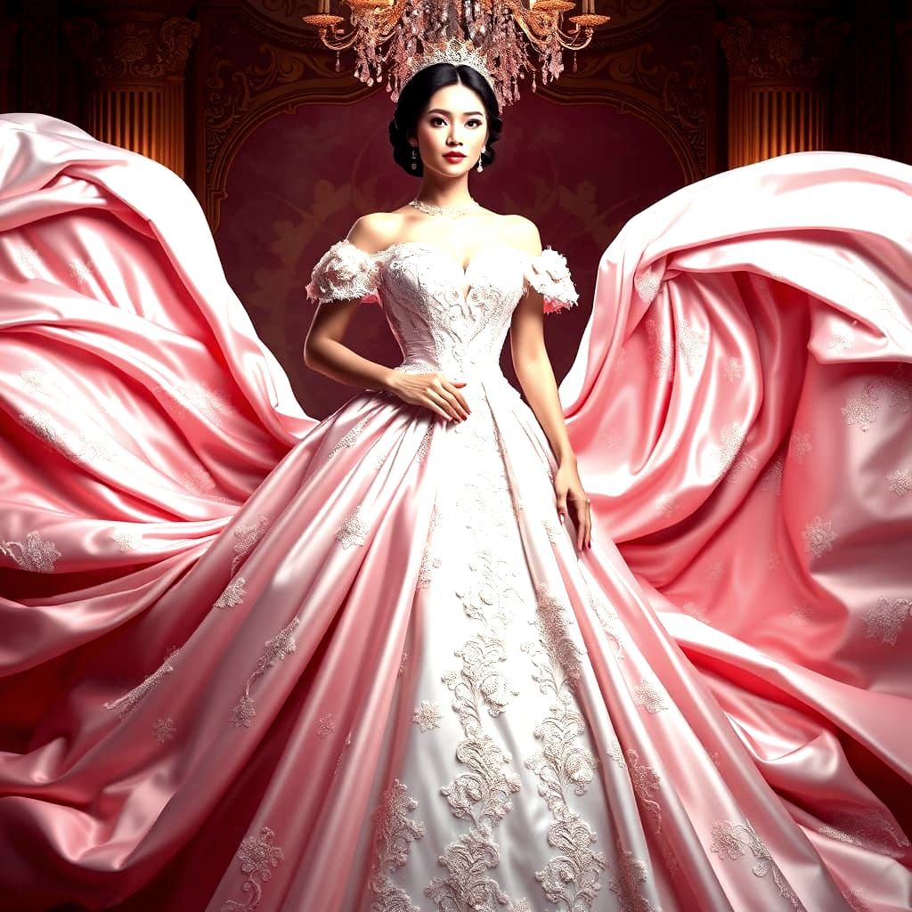 Woman in Magnolia and White Satin Wedding Dress