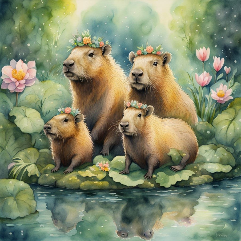 Capybaras in Floral Crowns: Watercolor Fantasy