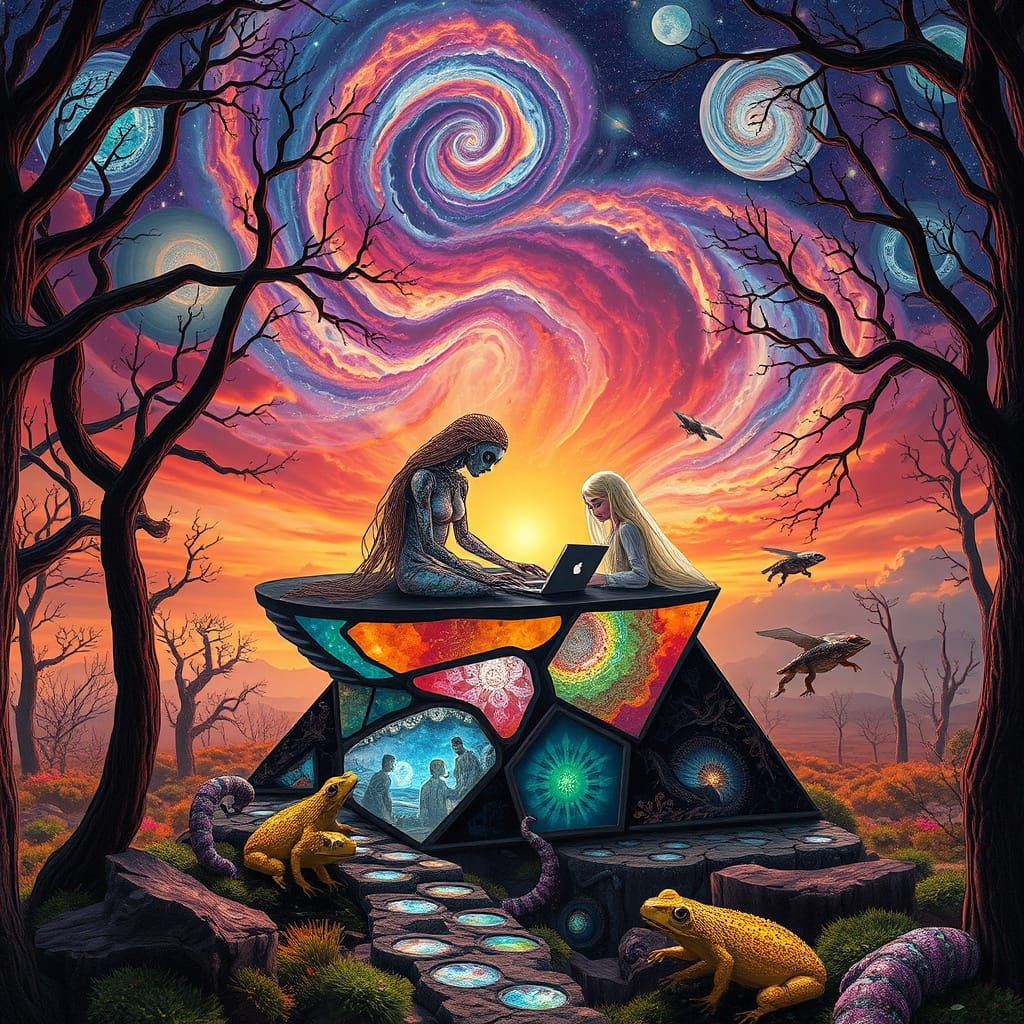 Ethereal Figures Compose Surreal Poems in Sunset Galaxy