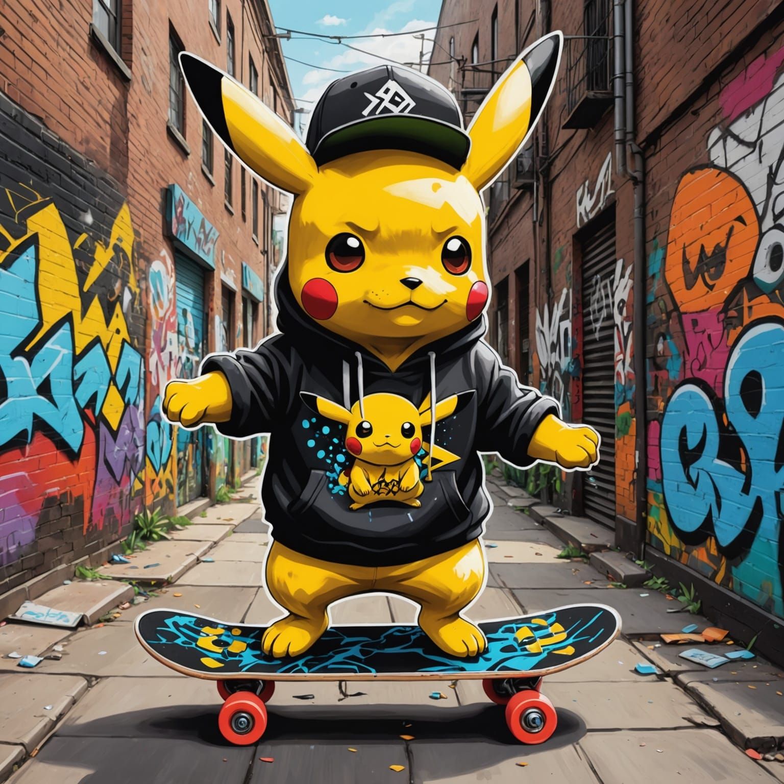 Pikachu Skateboarding in Graffiti Alleyway with Street Art