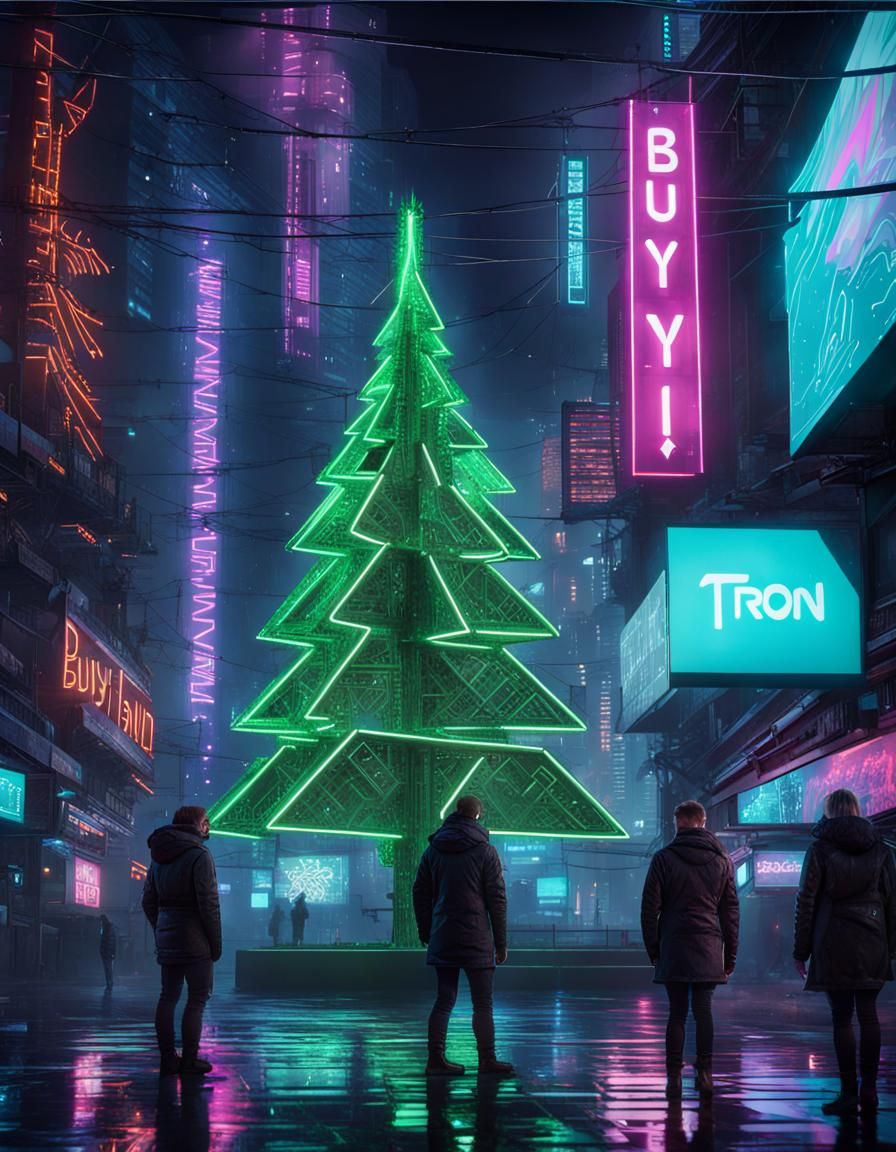 Cyberpunk Christmas Tree with Buy Screens