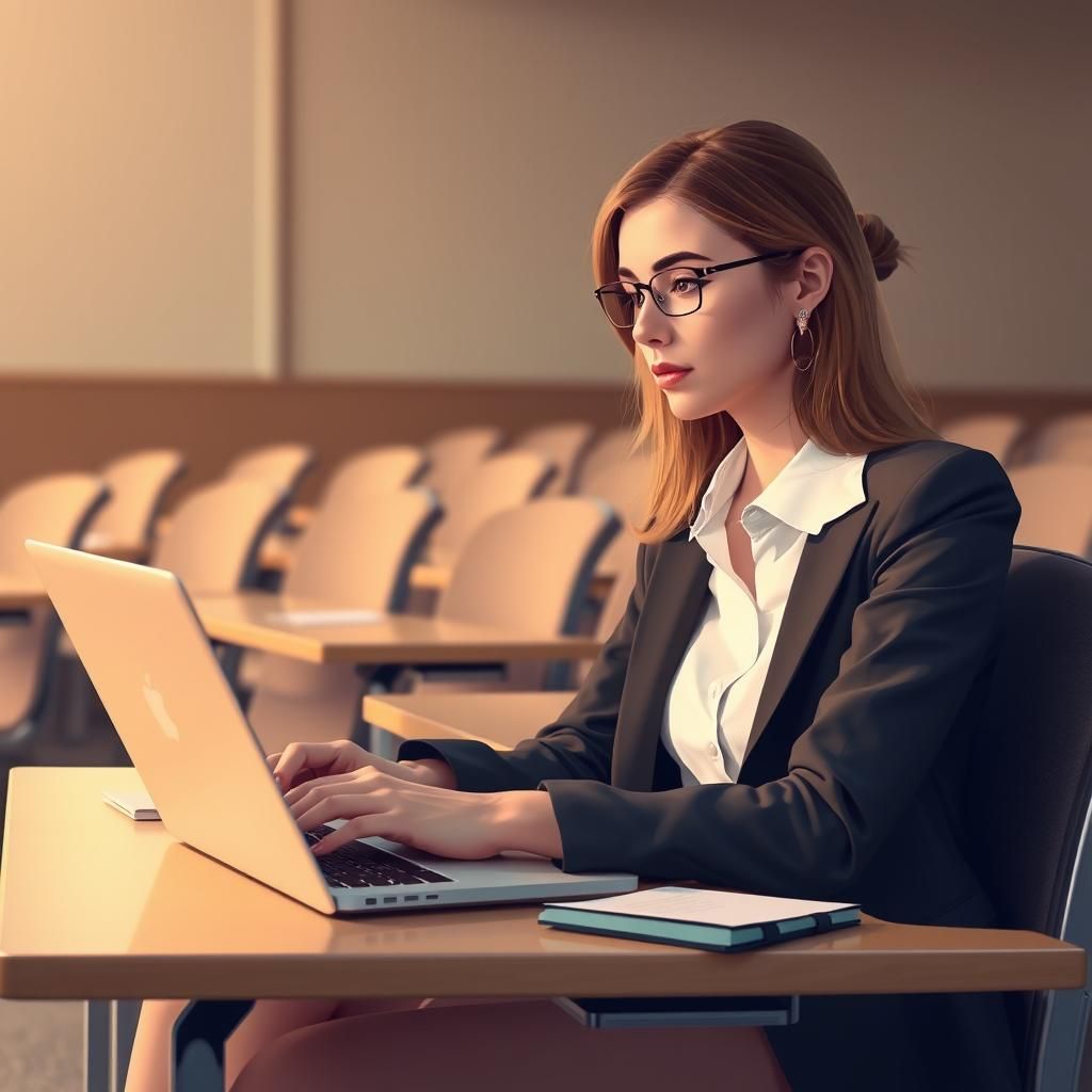 Woman Working on Laptop in Classroom, Oil Painting Style