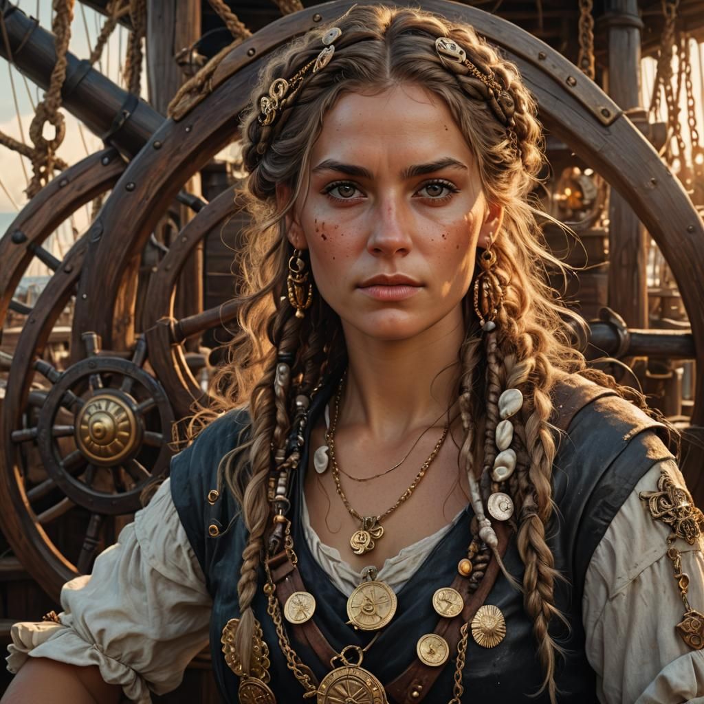 Female Pirate Portrait in Hyperrealistic Oil Painting Style