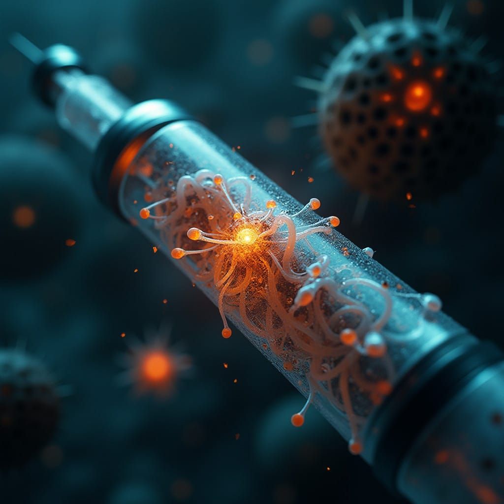 Dark Biomechanical Vaccine Syringe in a Deep, Matte Painting...