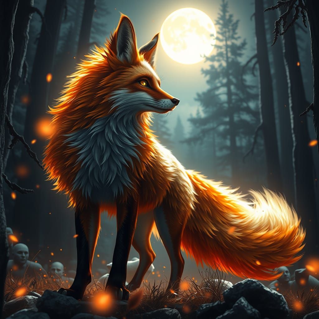 Fiery Fox in Mystical Night Forest